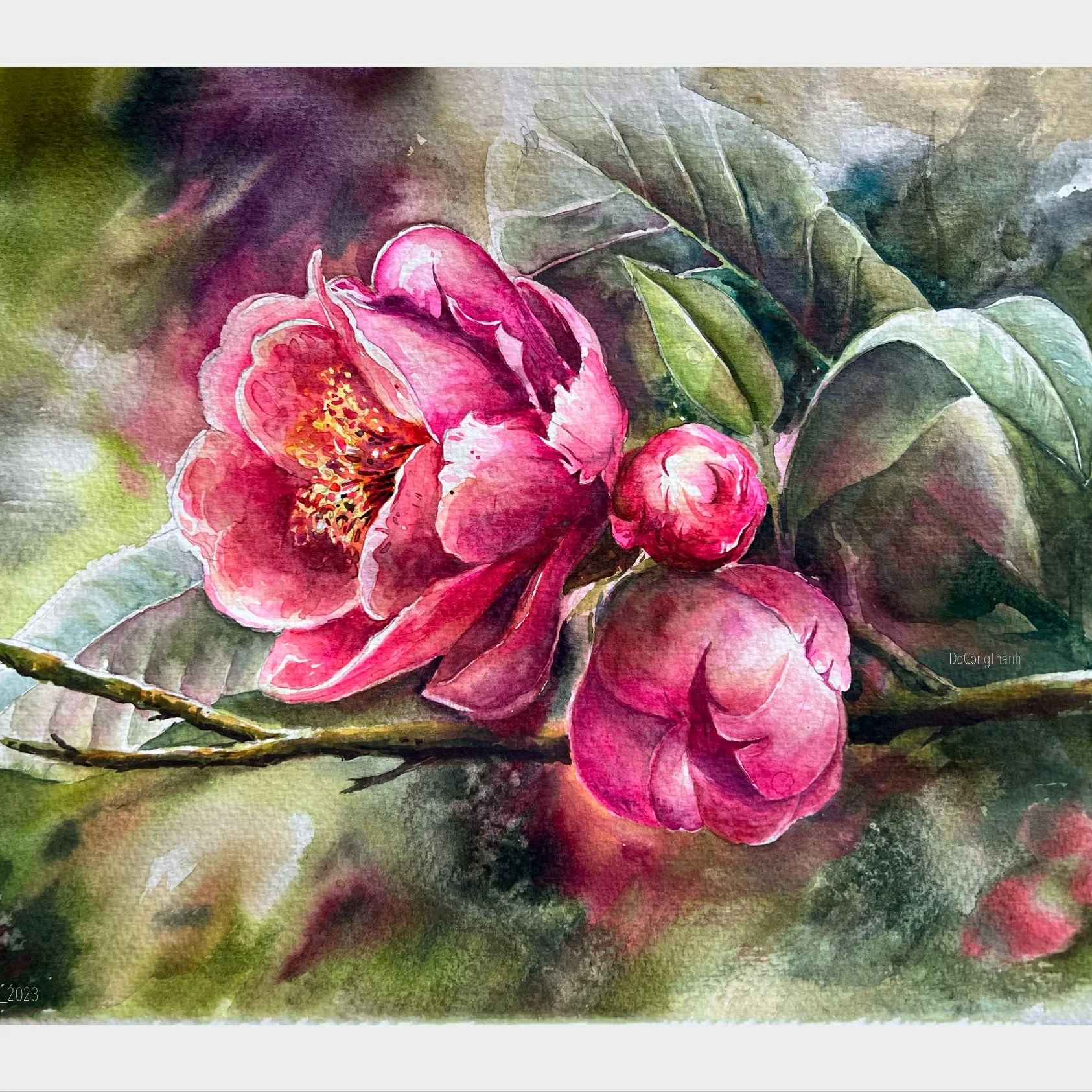 Pink blossoms with expressive leaves and soft green background