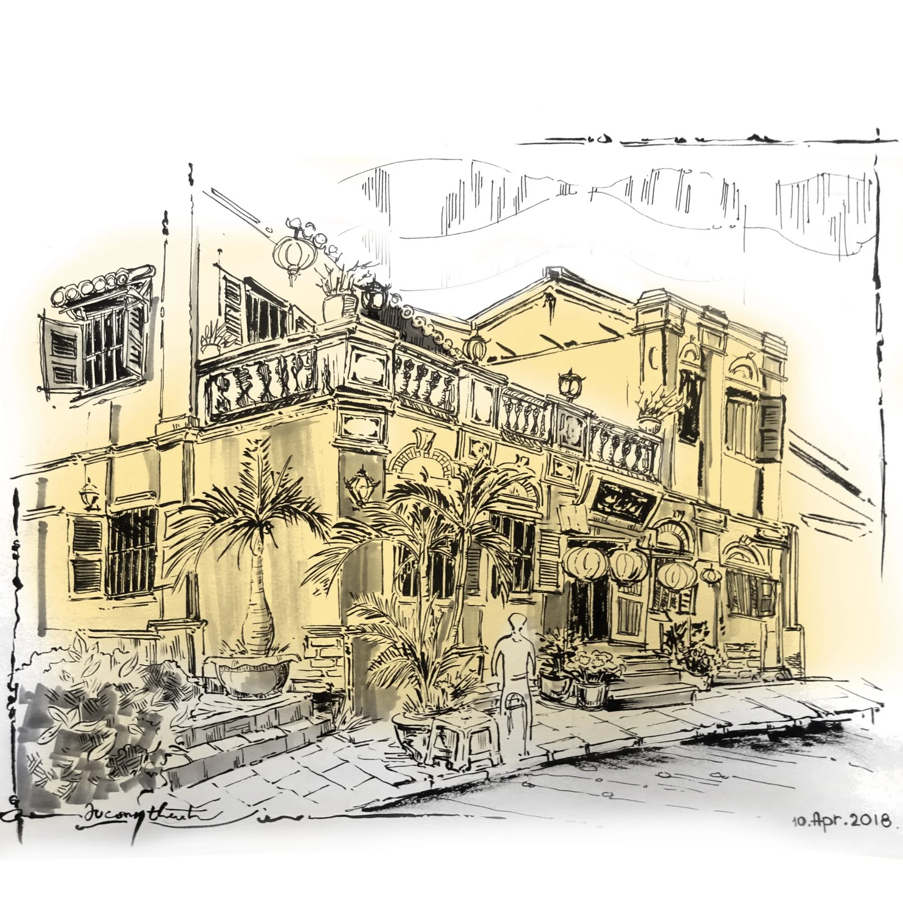 Ink architectural drawing of a city street