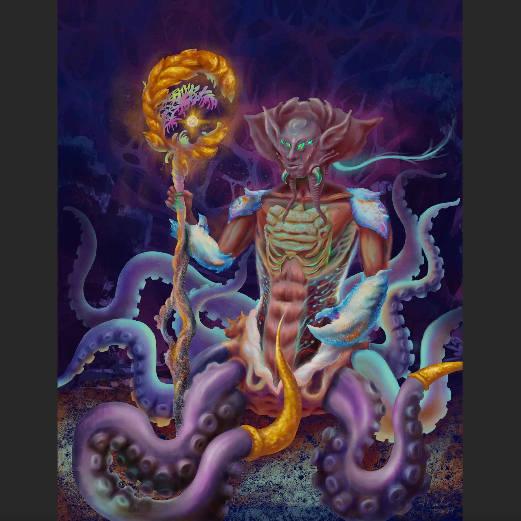 Fantastical figures and creatures against a deep violet background