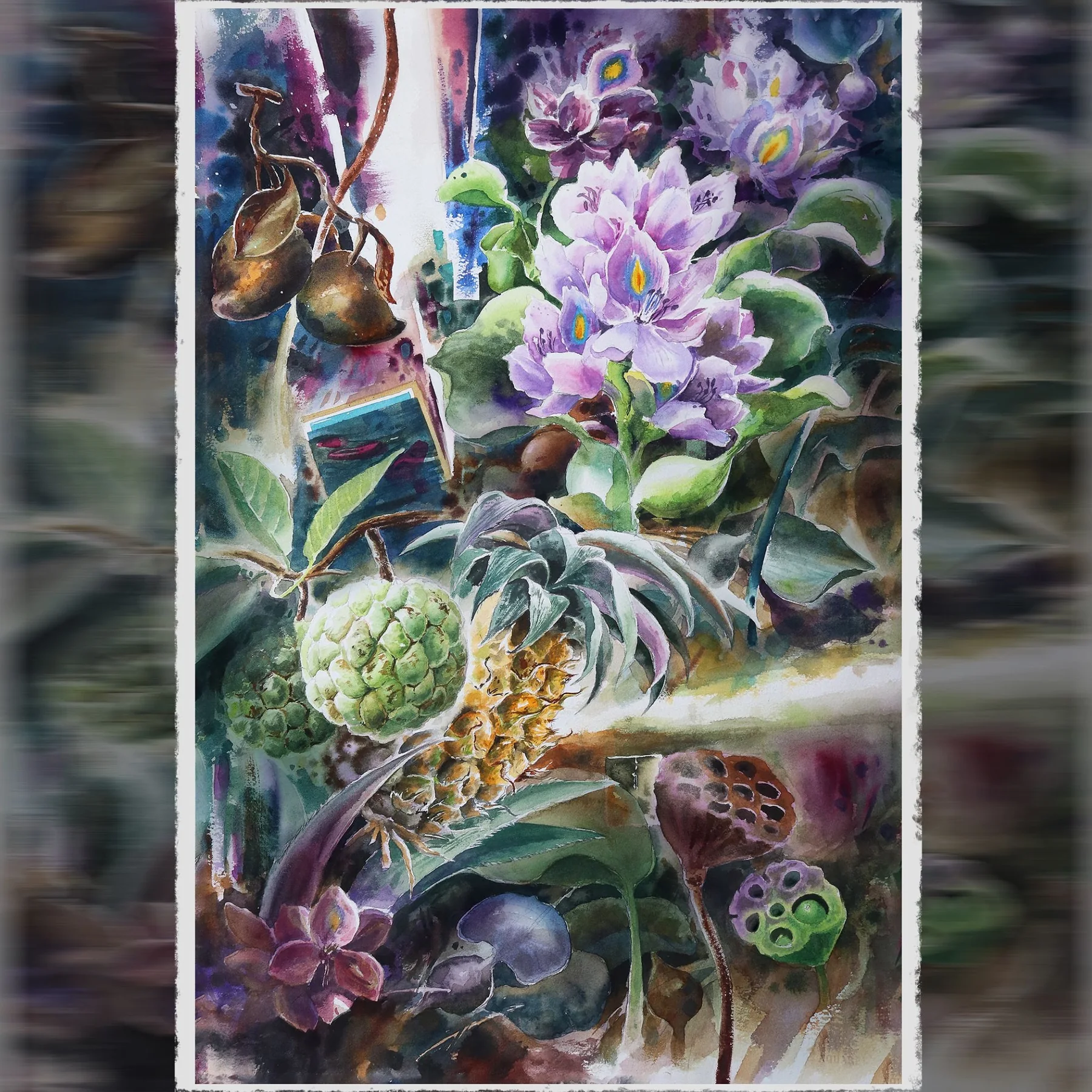 Flowering plants glowing against a dark watercolor ground