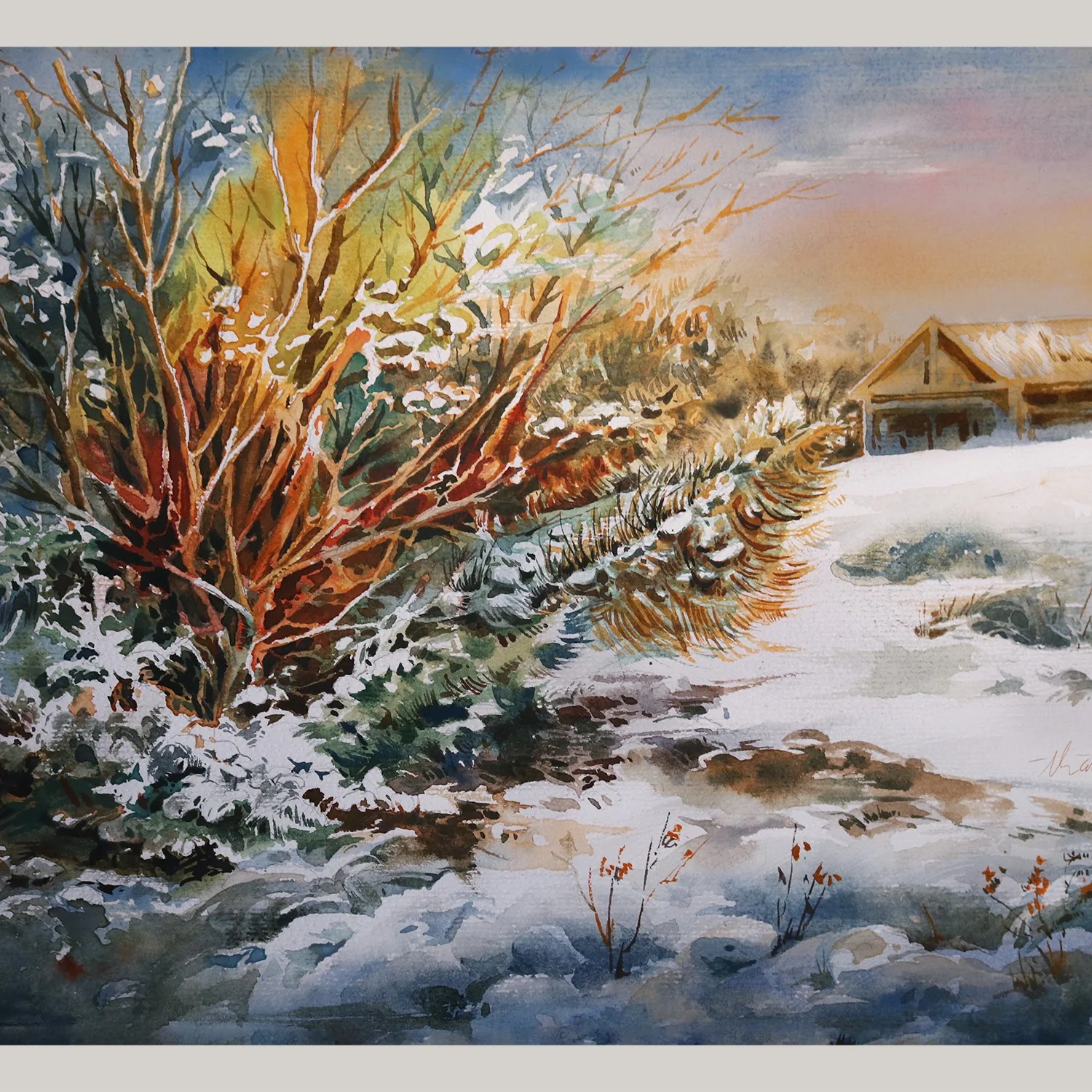 Snowy trees and landscape in watercolor